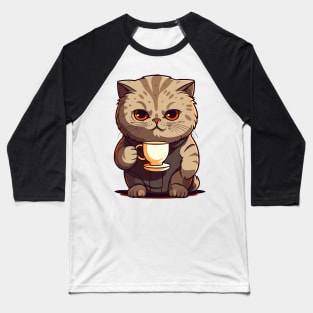 Scottish Fold Cat Drinking Coffee Baseball T-Shirt